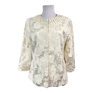Chico's Medium Blazer Jacket Ivory Pleated Neck Floral Jacquard  3/4 Sleeves